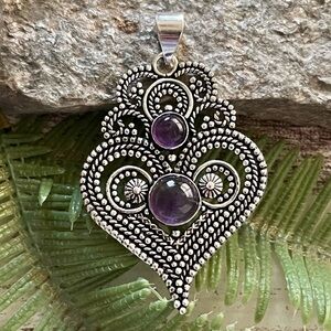 Natural Purple Amethyst Heart Gemstone 2.5” Sterling Silver Pendant